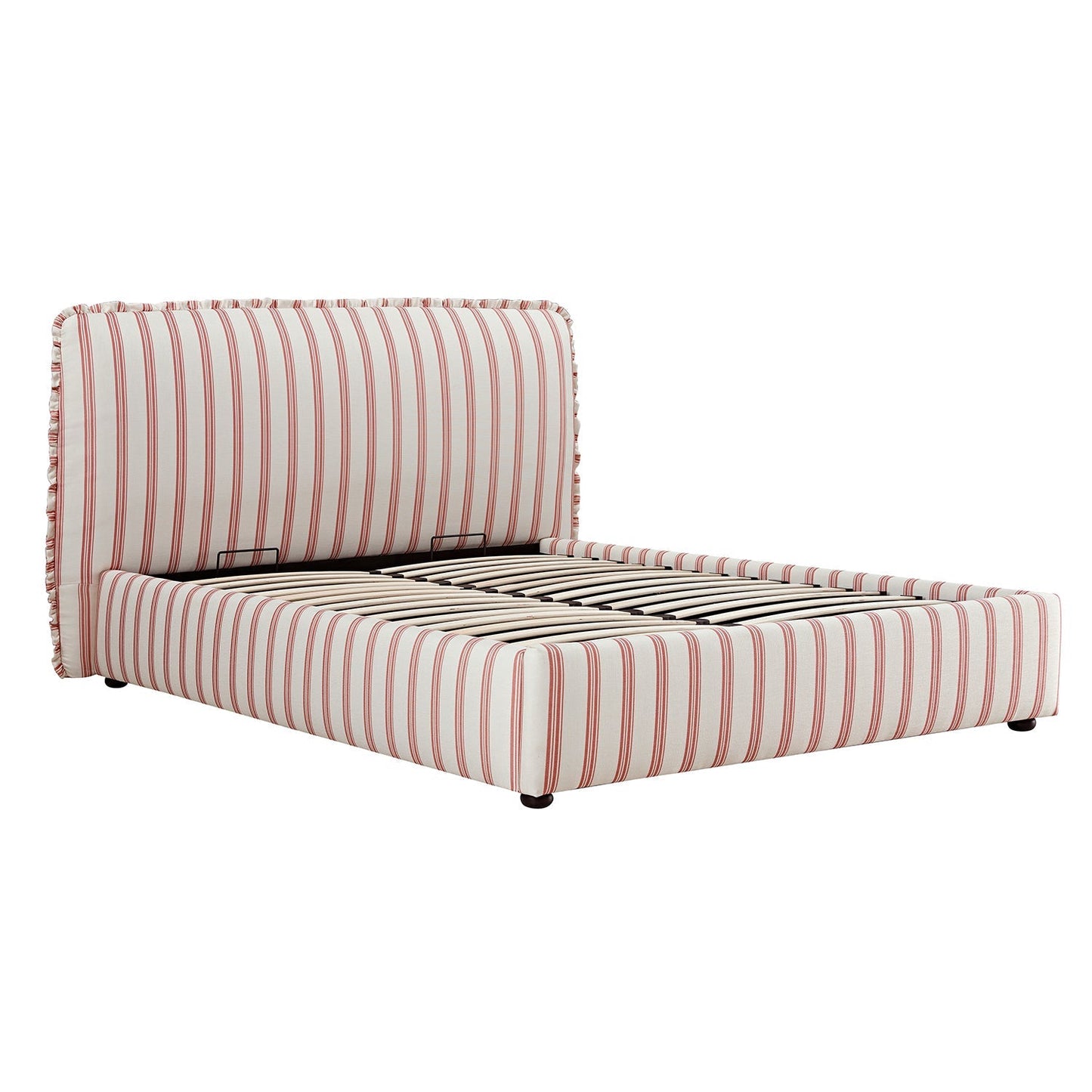 Celeste Upholstered Bed with Storage with Ruffled Headboard, Peony Red Stripe