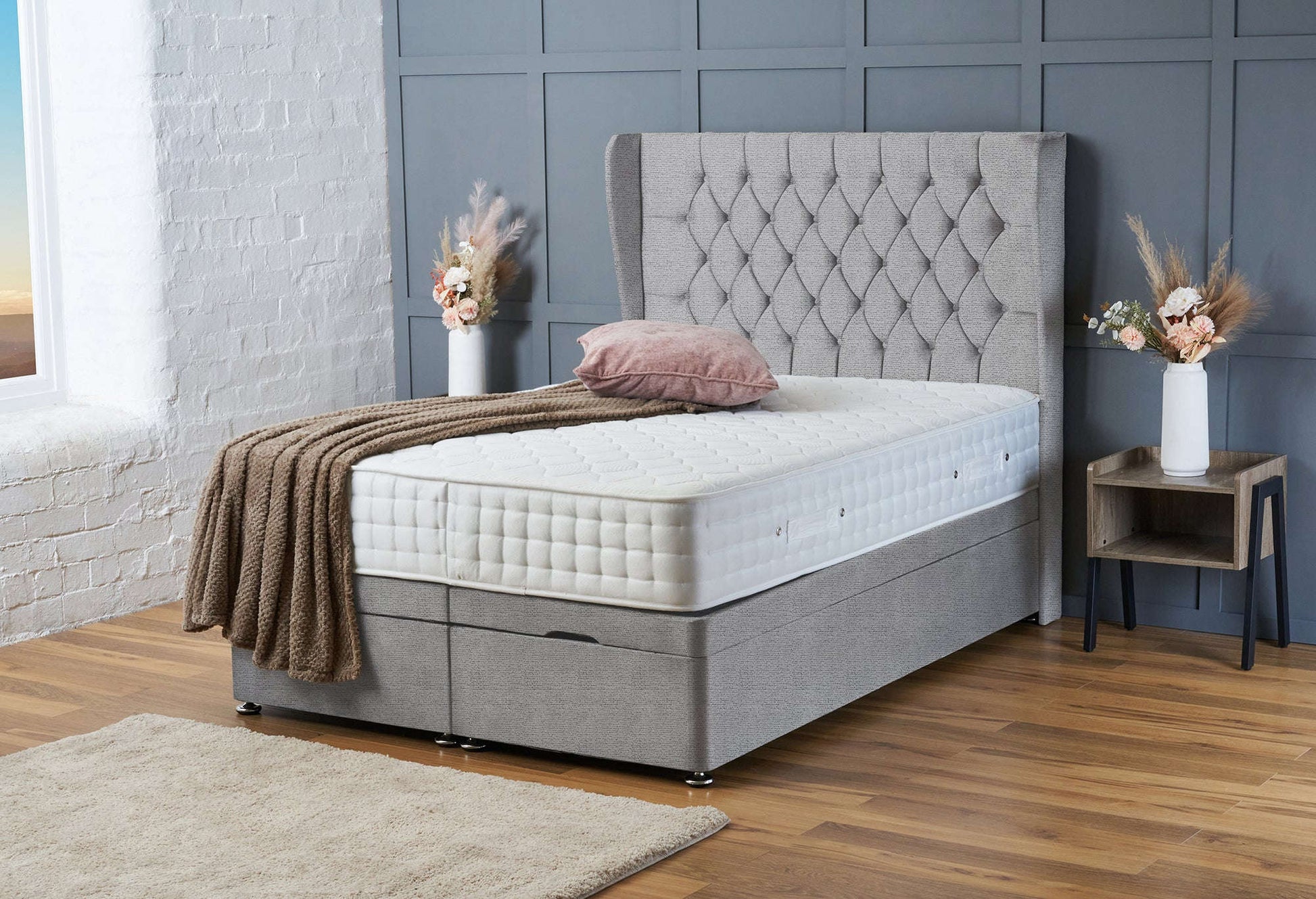 Amelia Ottoman Bed for Heavy Mattress – Heavy Duty Gas Pistons – Seal Grey Naples
