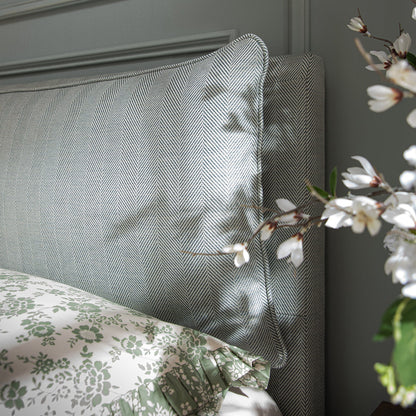 Kricia Upholstered Bed with Storage with Pillow Headboard, Slate Blue Chevron