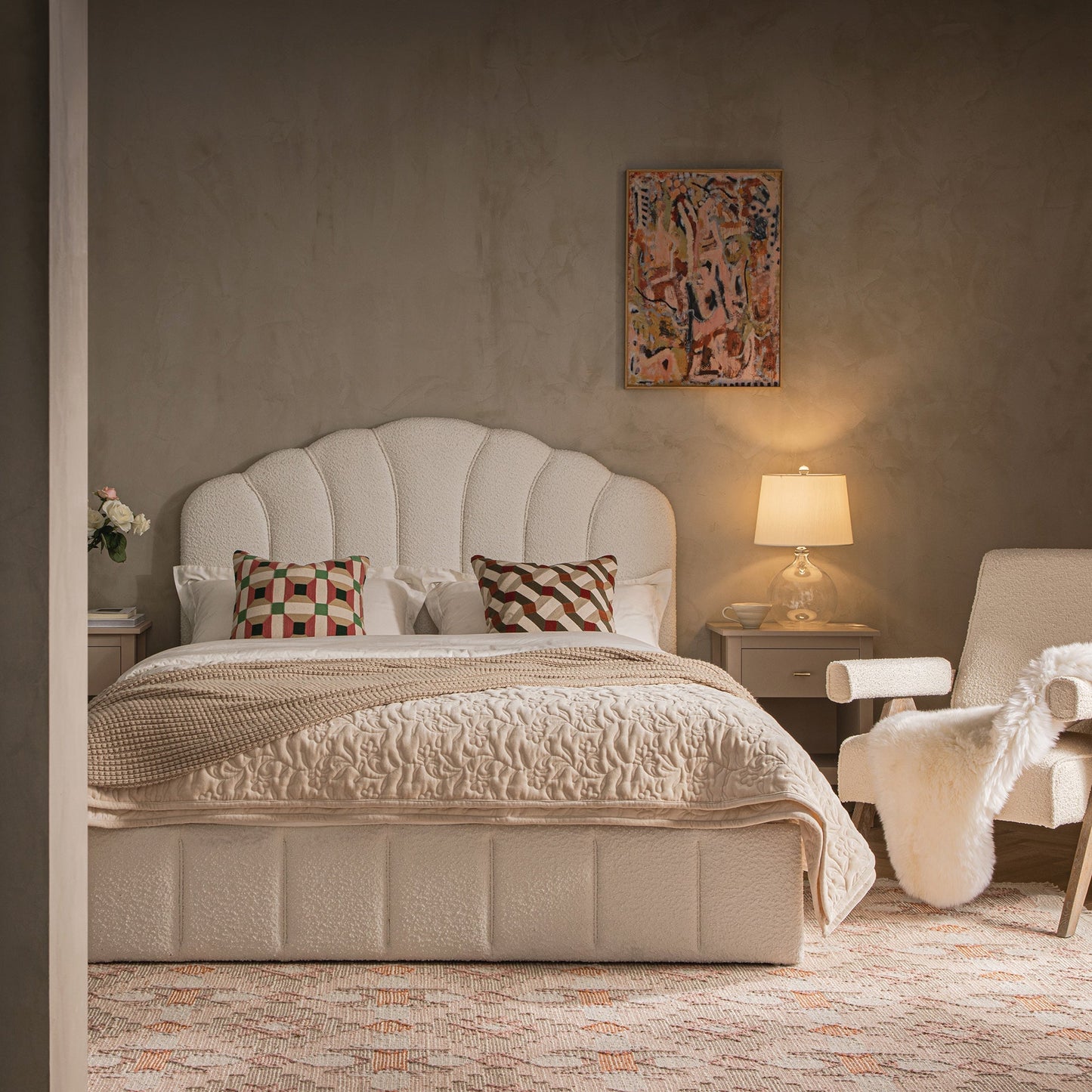 Hana Ottoman Bed with Storage, Ecru Boucle