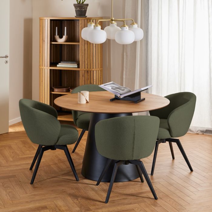 Soli Round Dining Table in Oak/Black 120x75cm with 4 Darlene Chairs in Green