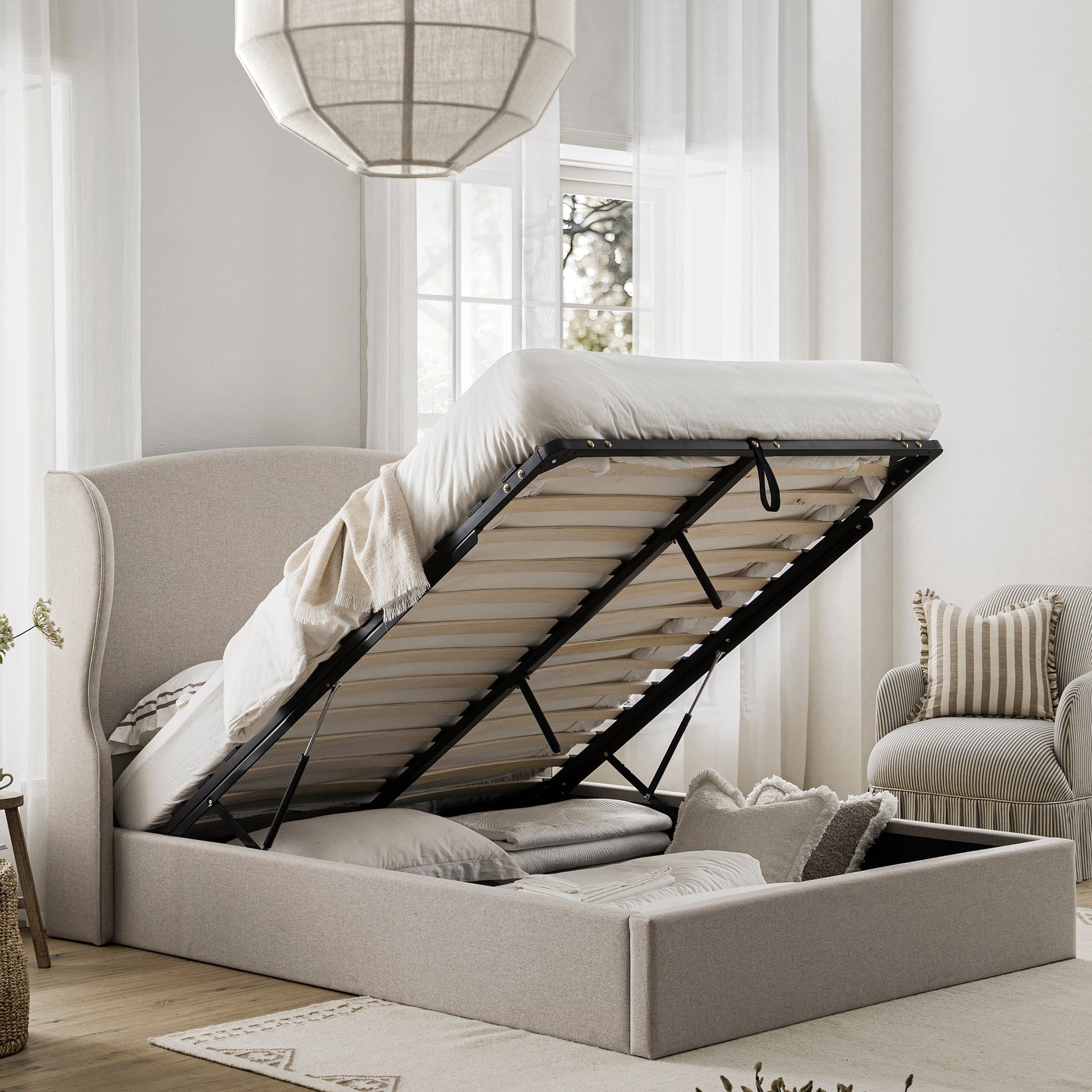 Kimberly Winged Upholstered Bed with Storage, Sand Fabric