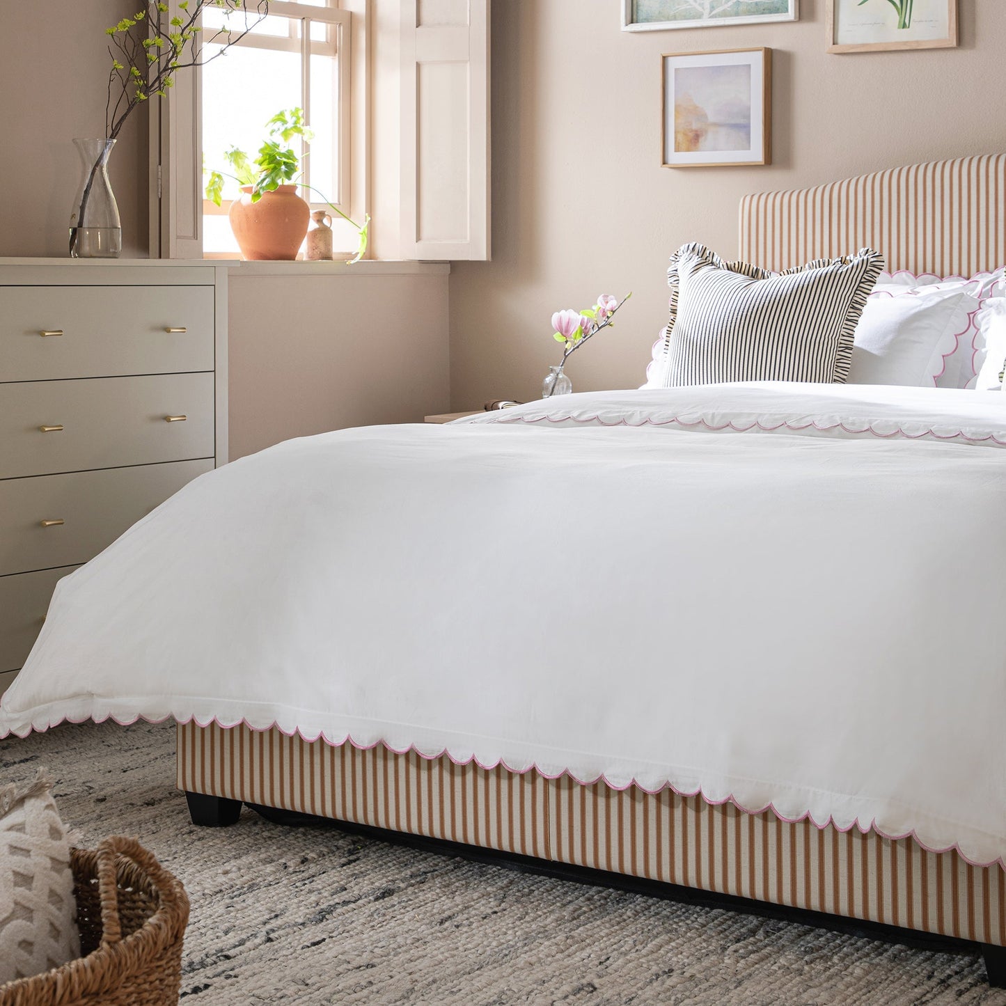 Chilworth Upholstered Ottoman Bed with Storage, Ochre Stripe Linen Blend