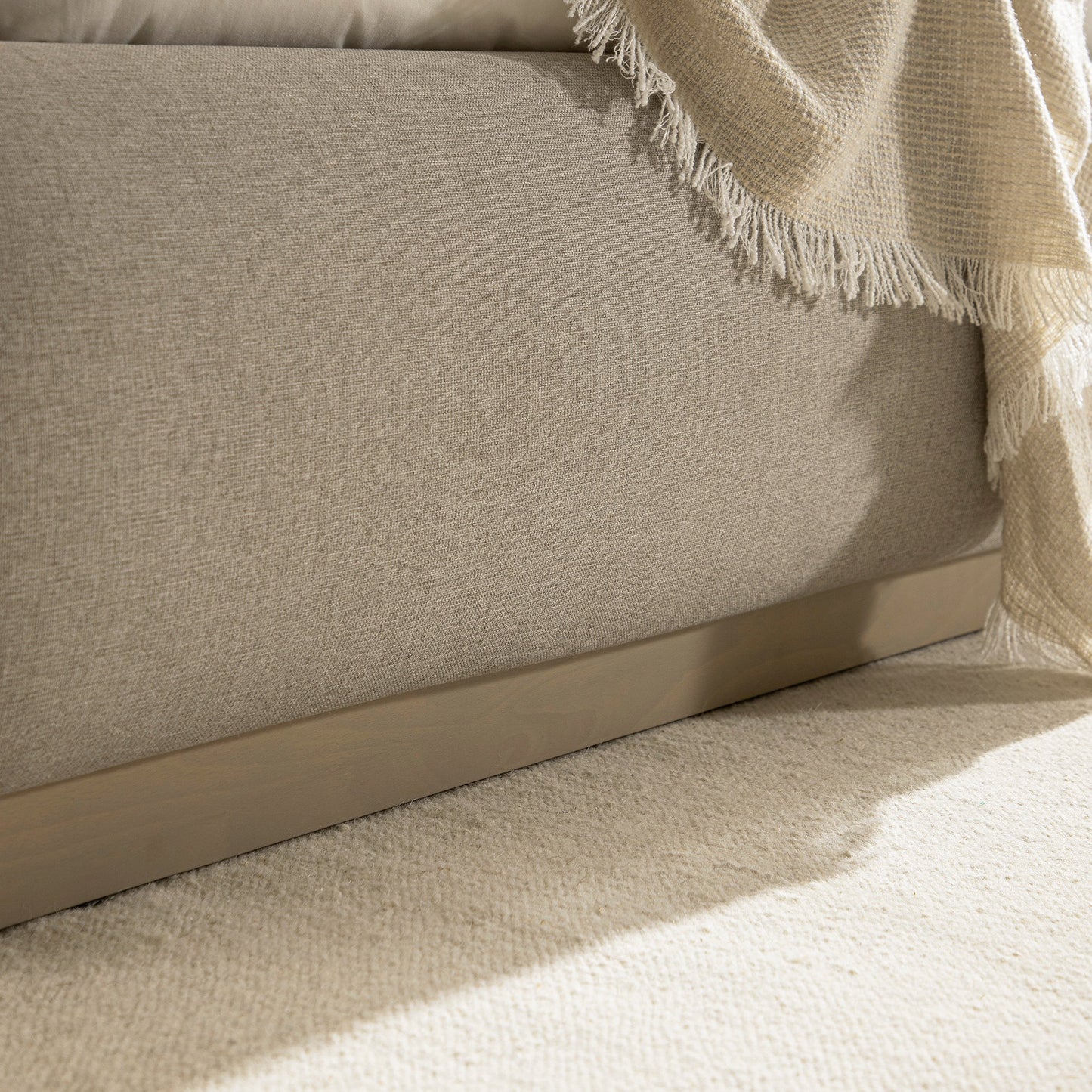 Luella Upholstered Wooden Plinth Base Bed with Storage, Sand Fabric