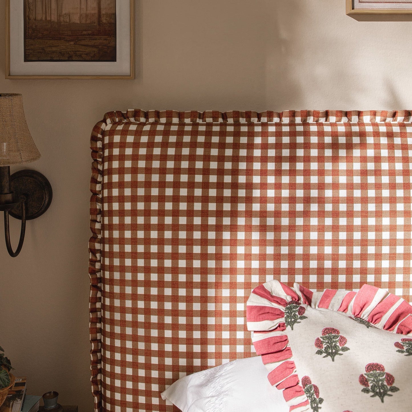 Celeste Upholstered Bed with Storage with Ruffled Headboard, Brick Gingham