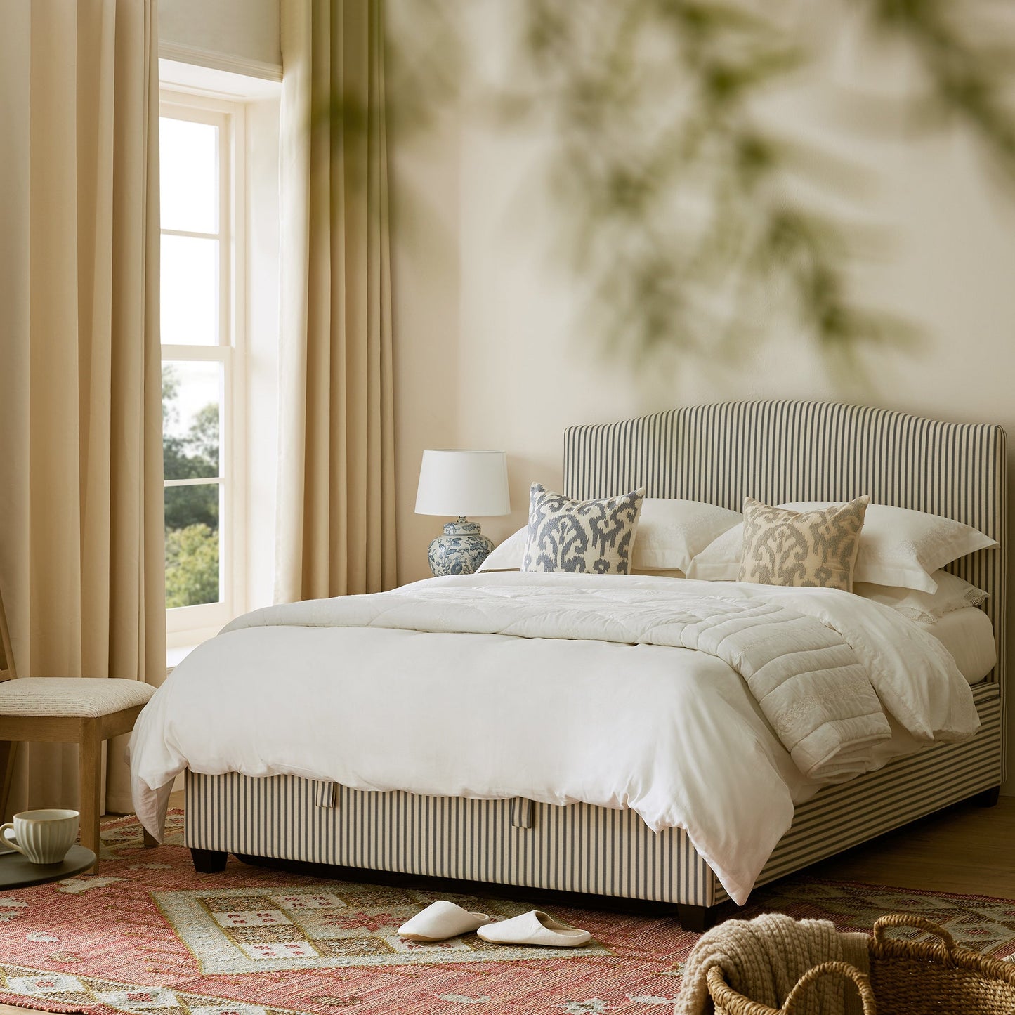 Chilworth Upholstered Ottoman Bed with Storage, Blue Stripe Linen Blend