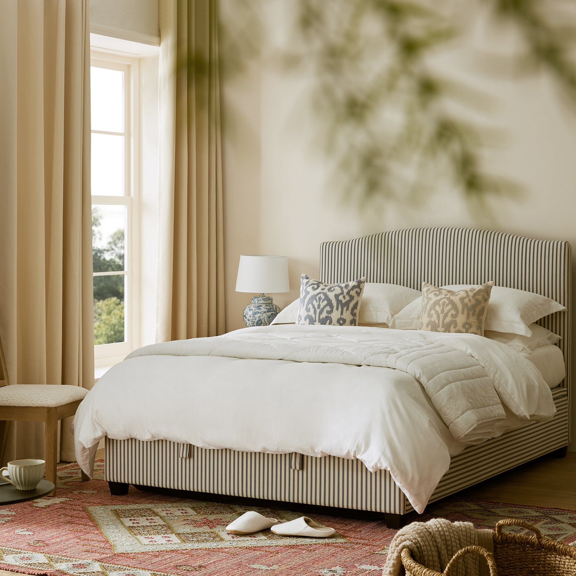 Chilworth Upholstered Ottoman Bed with Storage, Blue Stripe Linen Blend