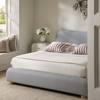 Egerie Curved Headboard Slate Blue Striped Fabric Ottoman Bed with Storage