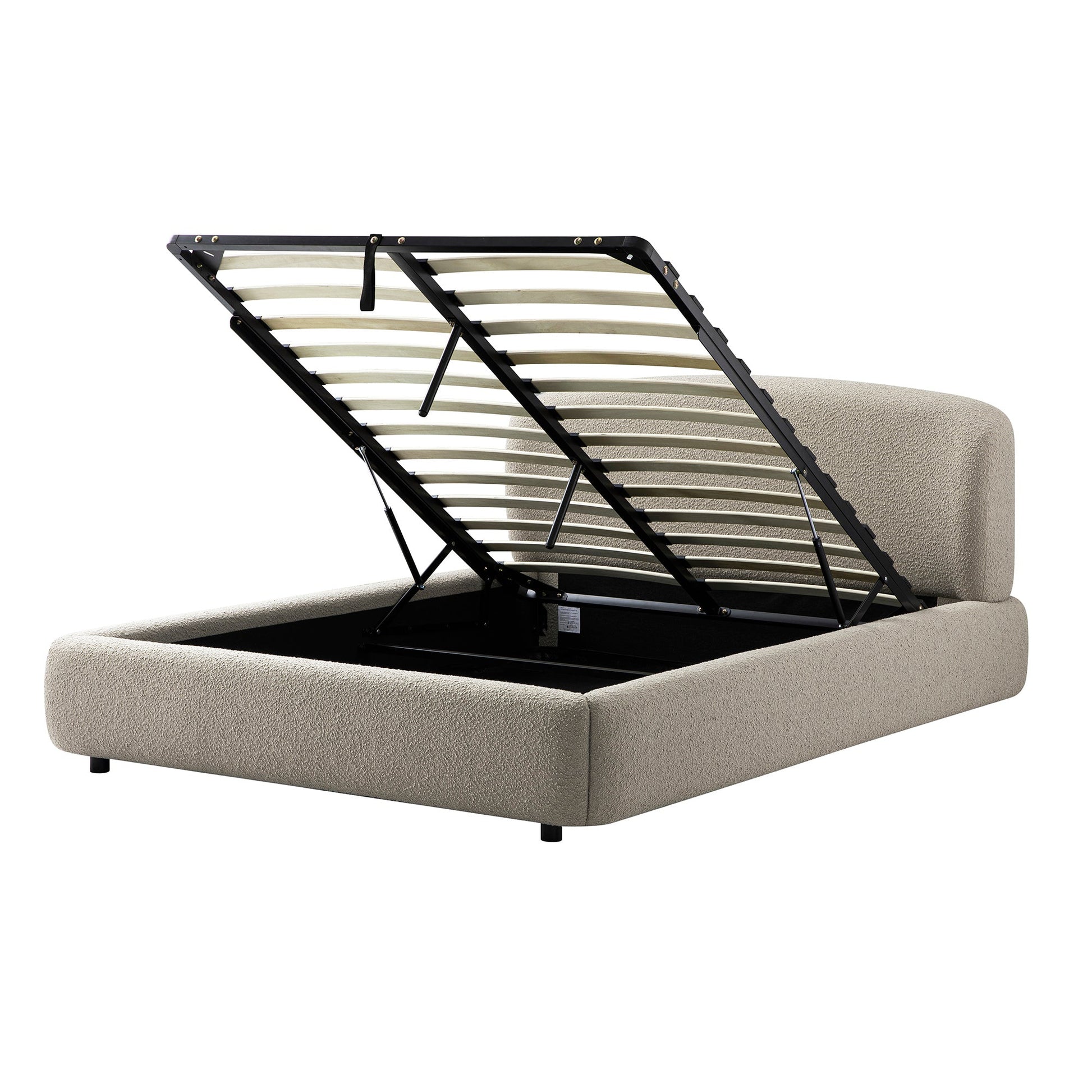 Constance Winged Headboard Ottoman Bed with Storage, Light Taupe Boucle