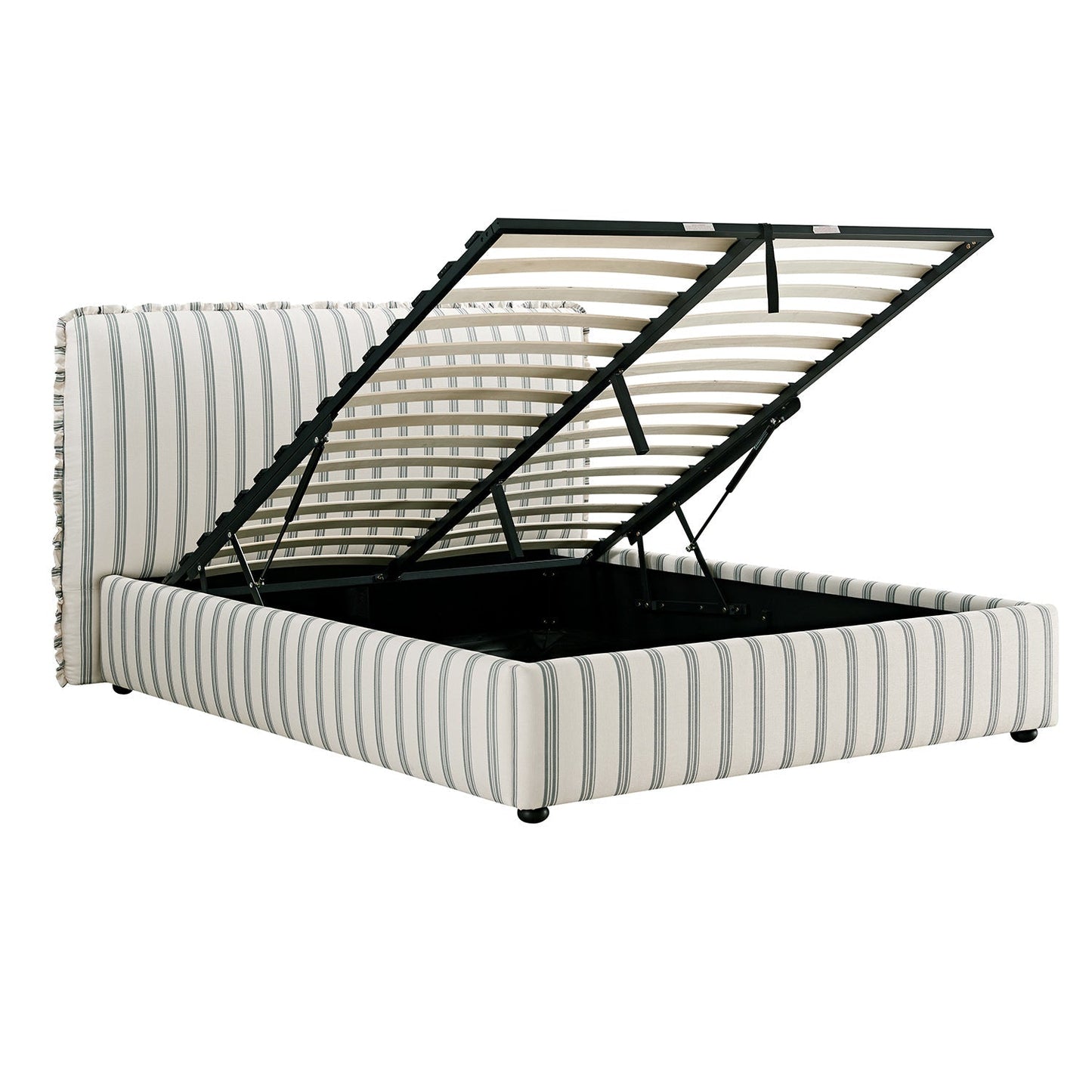 Celeste Upholstered Bed with Storage with Ruffled Headboard, Laurel Green Stripe