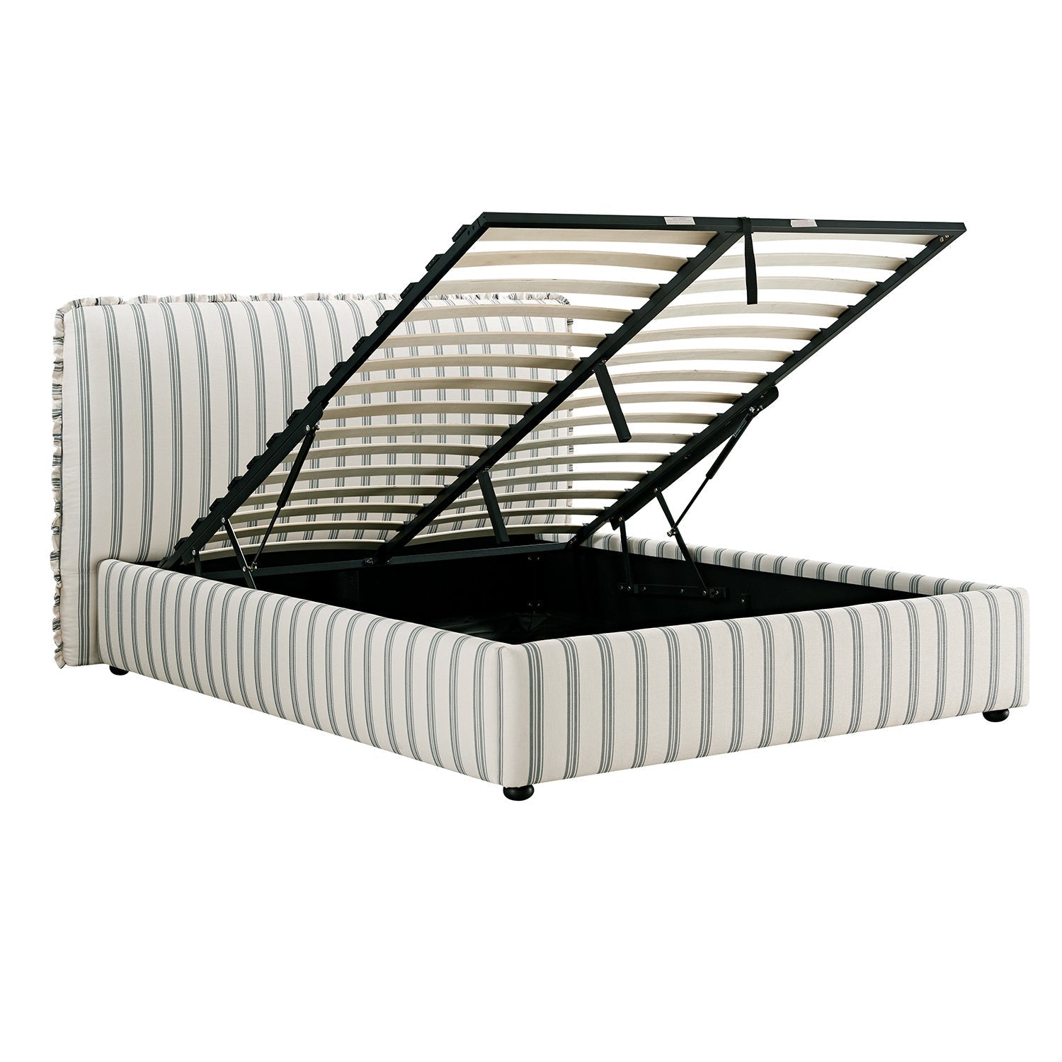 Celeste Upholstered Bed with Storage with Ruffled Headboard, Laurel Green Stripe