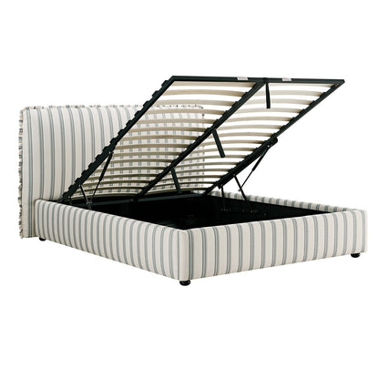Celeste Upholstered Bed with Storage with Ruffled Headboard, Laurel Green Stripe