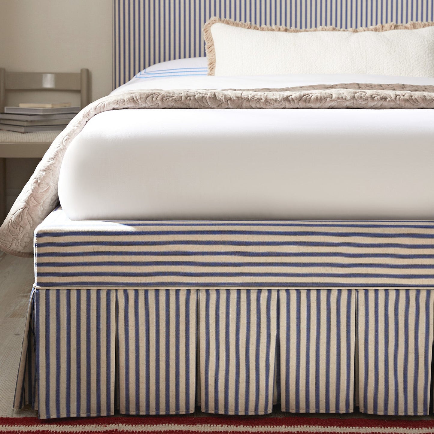 Egerton Box-Pleat Ottoman Bed with Storage, Blue Striped Linen
