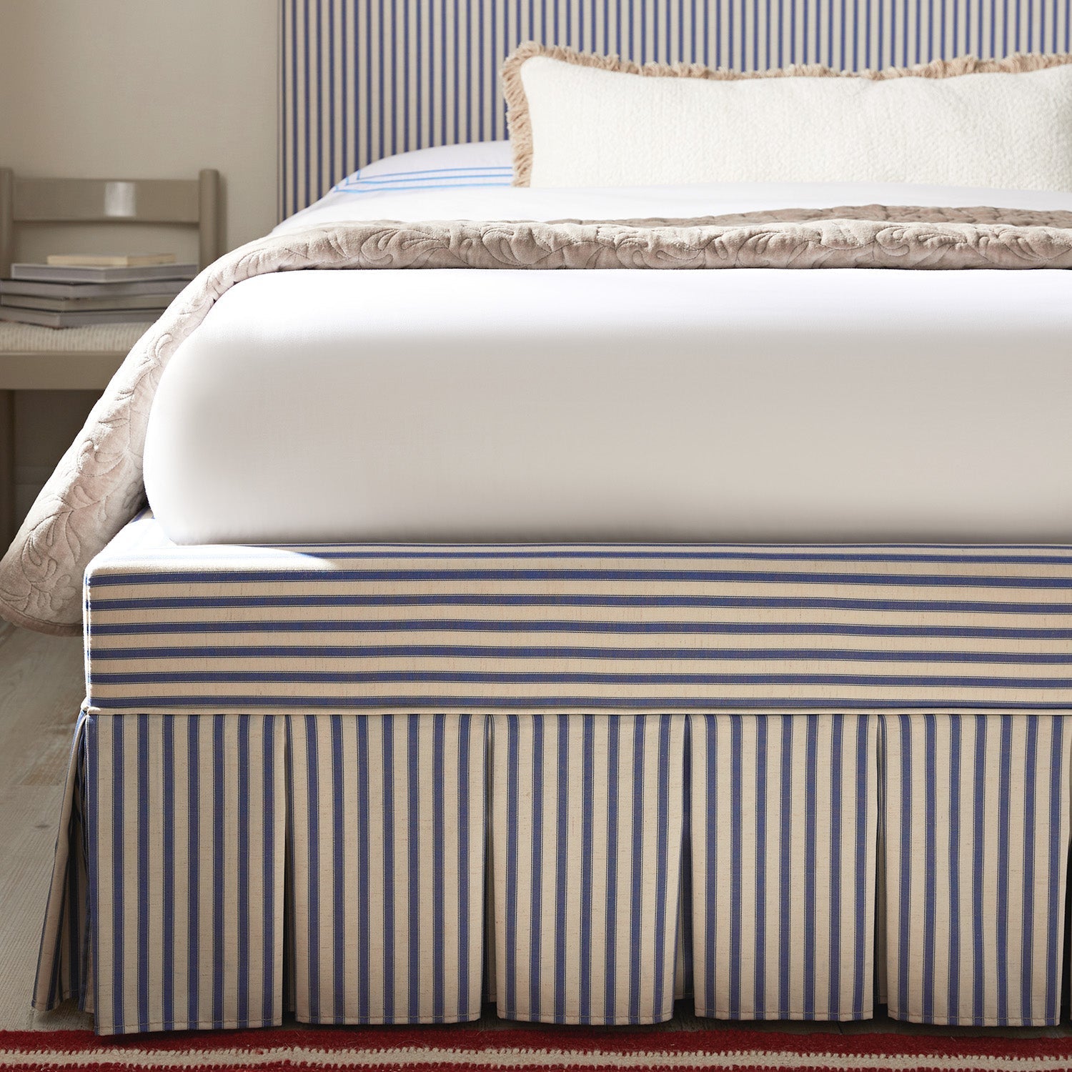 Egerton Box-Pleat Ottoman Bed with Storage, Blue Striped Linen
