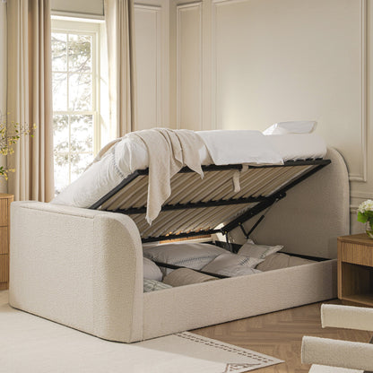 Egerie Curved Headboard Beige Boucle TV Bed with Ottoman Storage