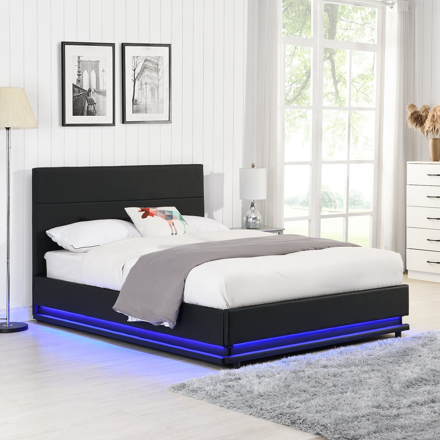 Buxton Faux Leather End Opening Ottoman Bed with Storage Frame with Multi-colour LED Light Strip (Black PU)
