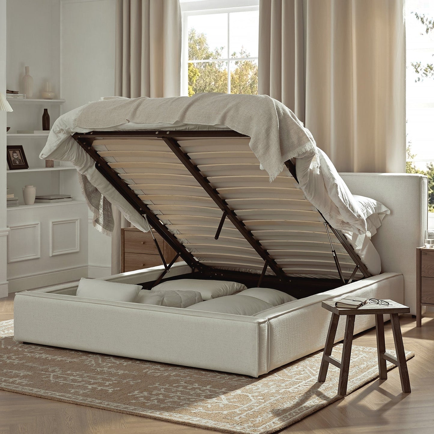 Claudine Ottoman Bed with Storage, Beige Linen
