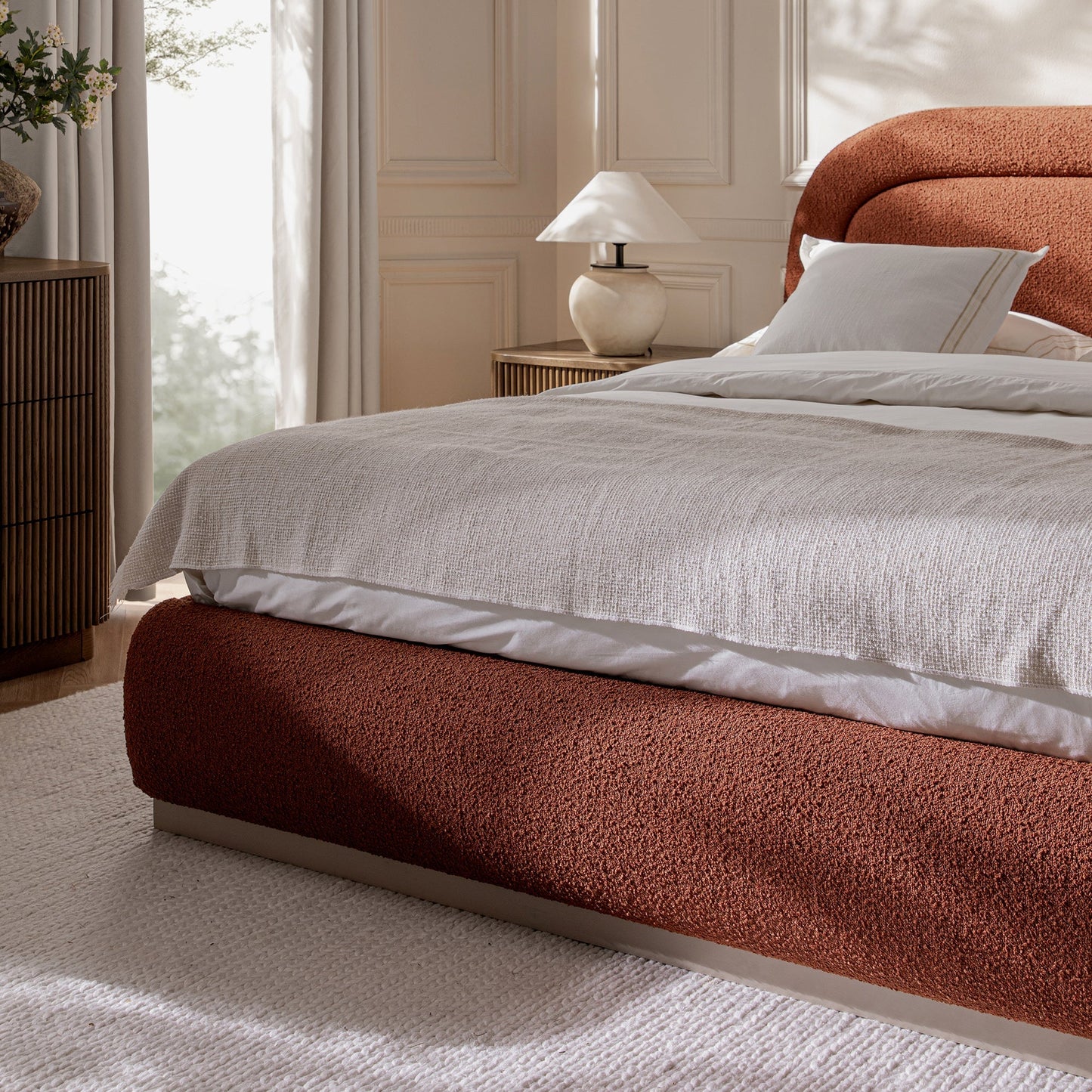 Luella Upholstered Wooden Plinth Base Bed with Storage, Rust Boucle