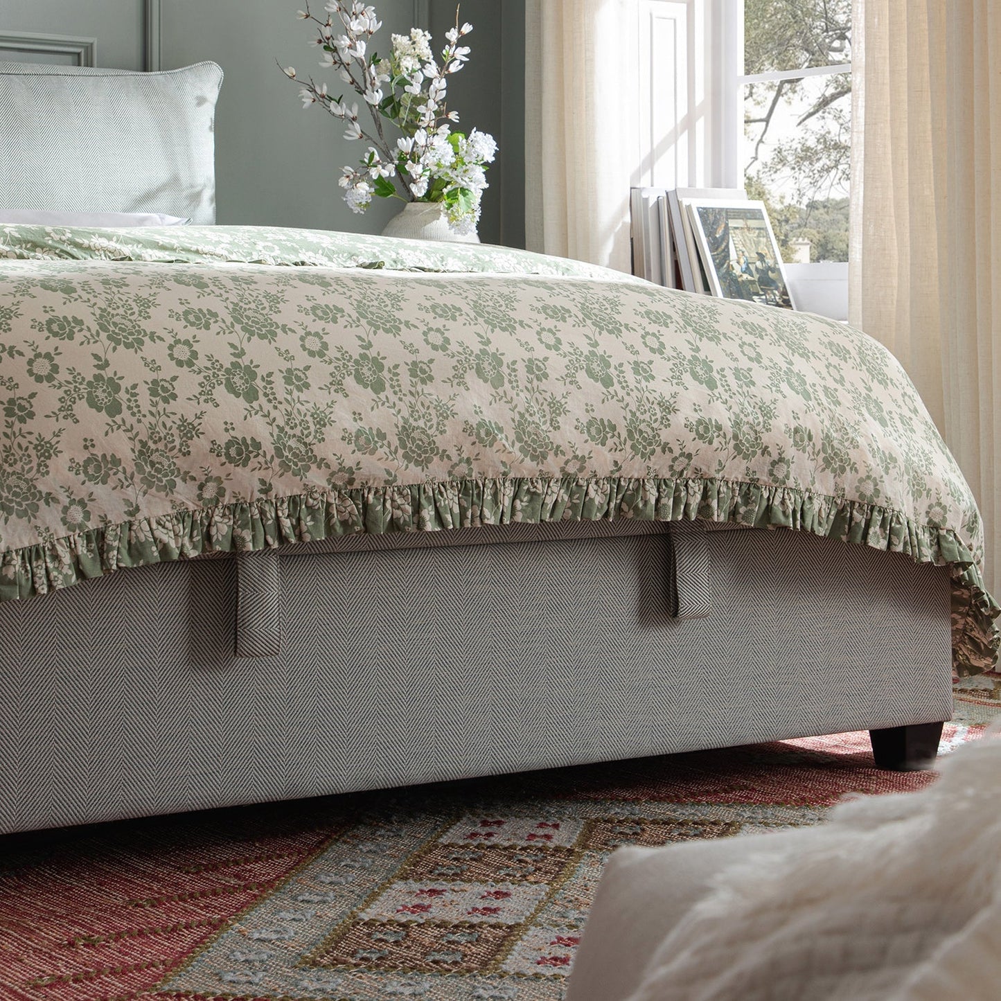 Kricia Upholstered Bed with Storage with Pillow Headboard, Slate Blue Chevron