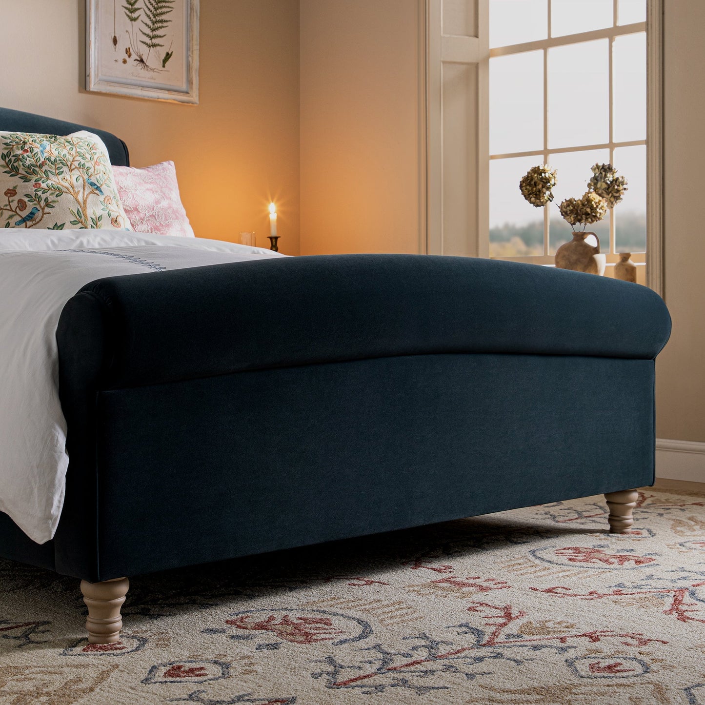 Porchester Ottoman Bed with Storage, Sleigh, Aegean Blue Velvet
