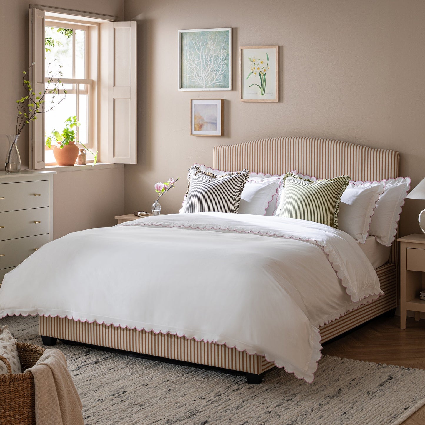 Chilworth Upholstered Ottoman Bed with Storage, Ochre Stripe Linen Blend