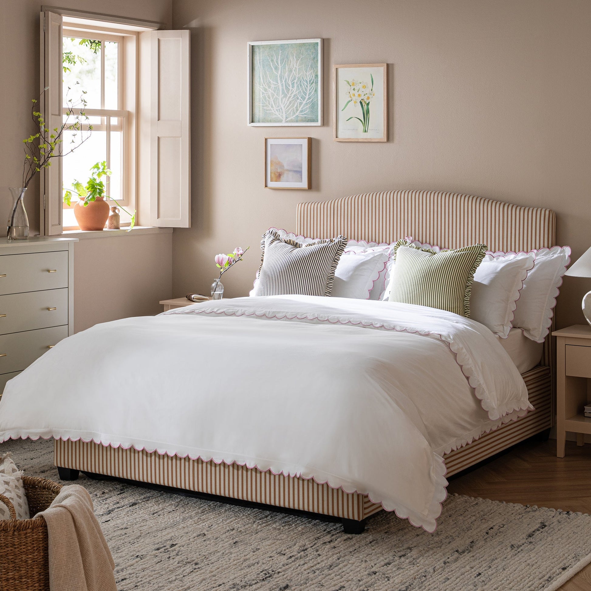 Chilworth Upholstered Ottoman Bed with Storage, Ochre Stripe Linen Blend