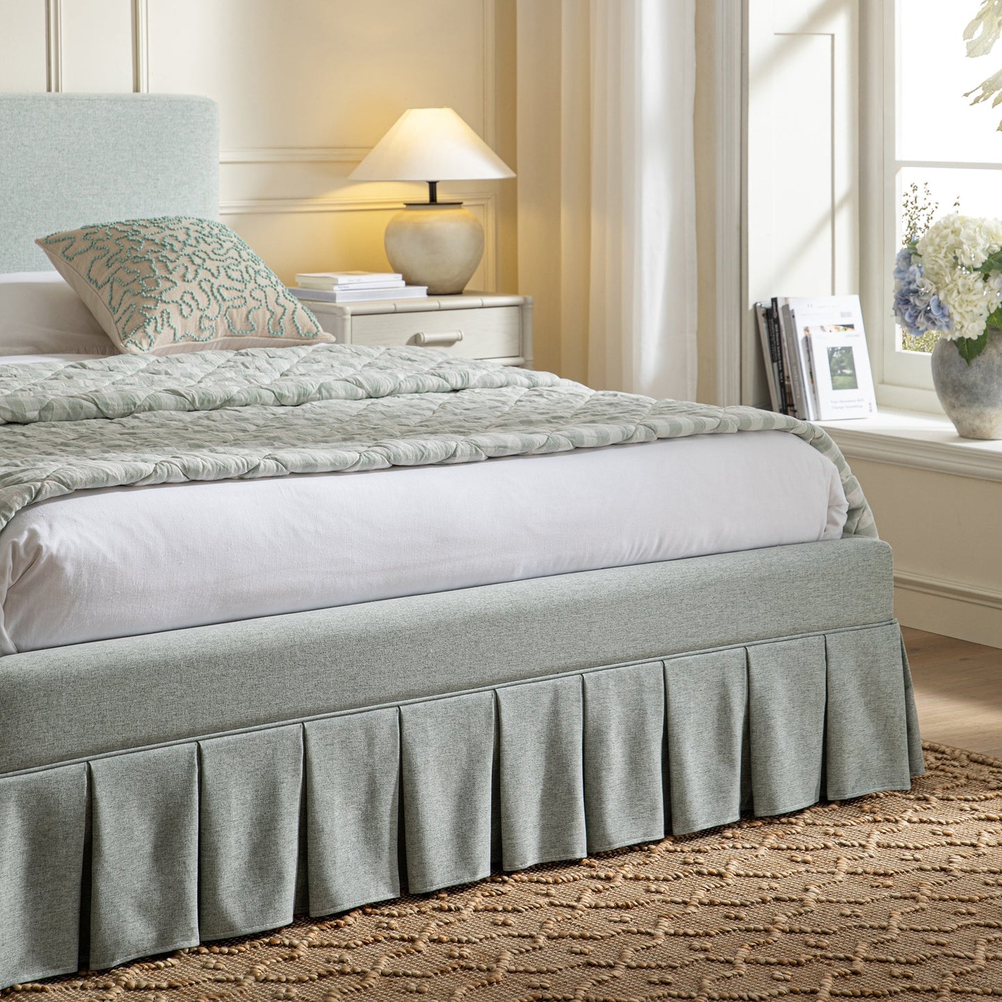 Egerton Box-Pleat Ottoman Bed with Storage, Pale Aqua Brushed Fabric