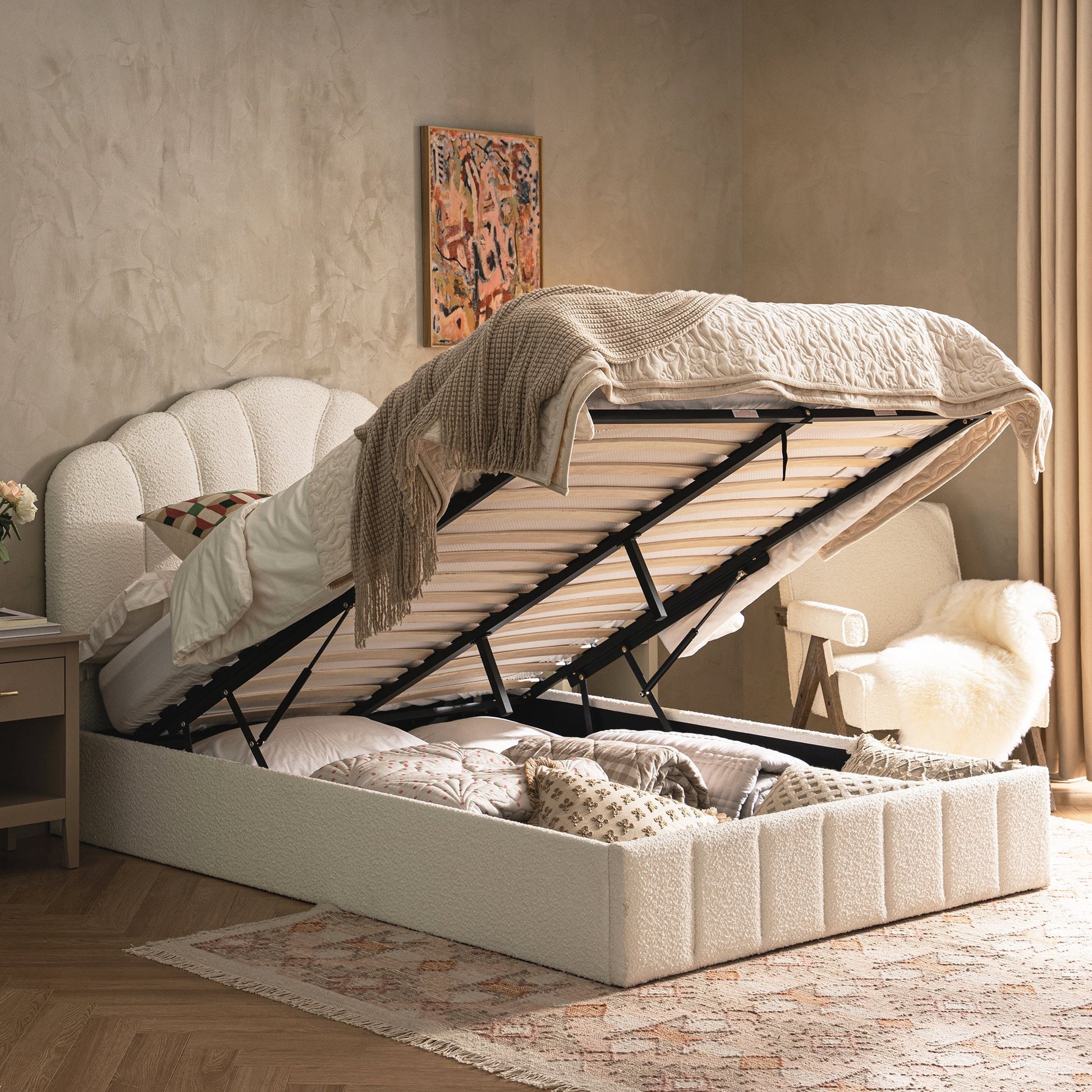 Hana Ottoman Bed with Storage, Ecru Boucle