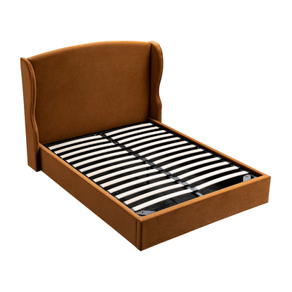 Kimberly Winged Upholstered Bed with Storage, Cinnamon Velvet