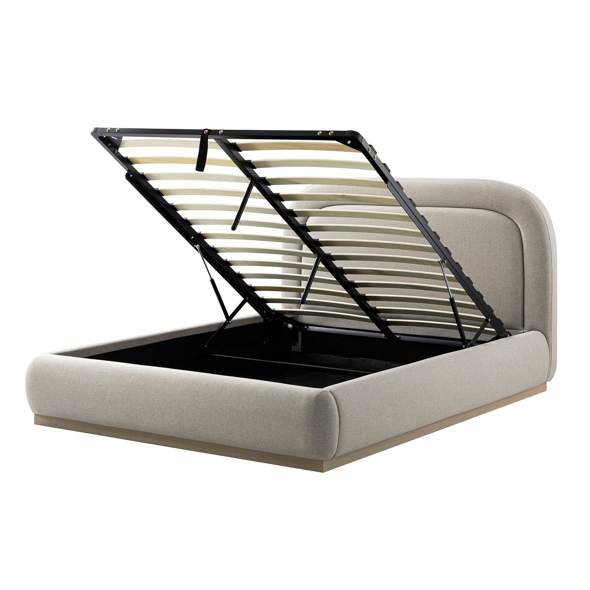 Luella Upholstered Wooden Plinth Base Bed with Storage, Sand Fabric