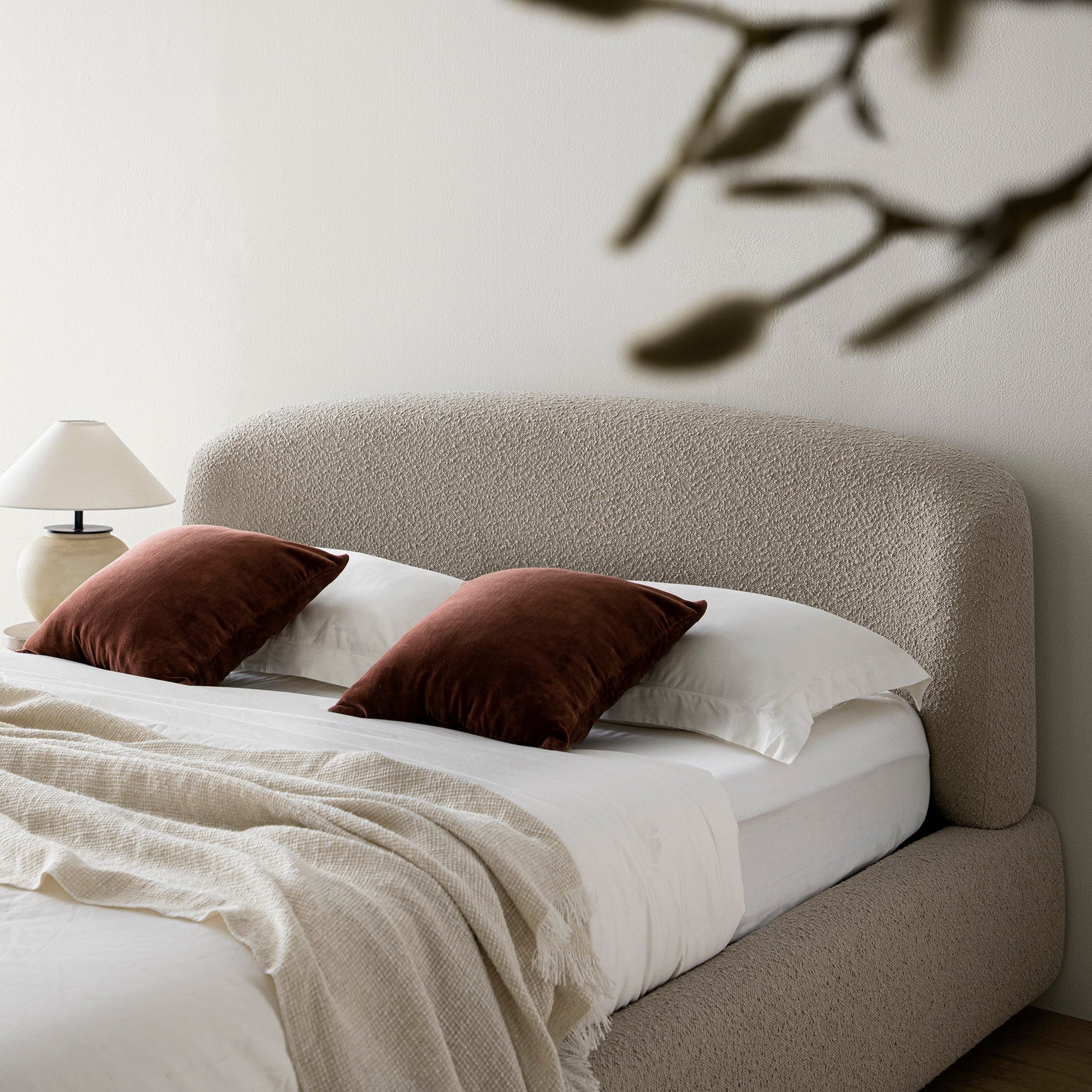 Constance Winged Headboard Ottoman Bed with Storage, Light Taupe Boucle
