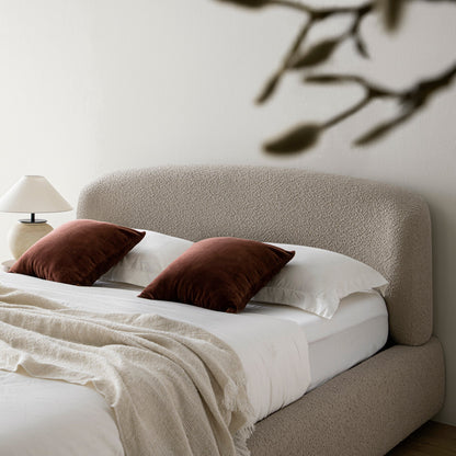 Constance Winged Headboard Ottoman Bed with Storage, Light Taupe Boucle