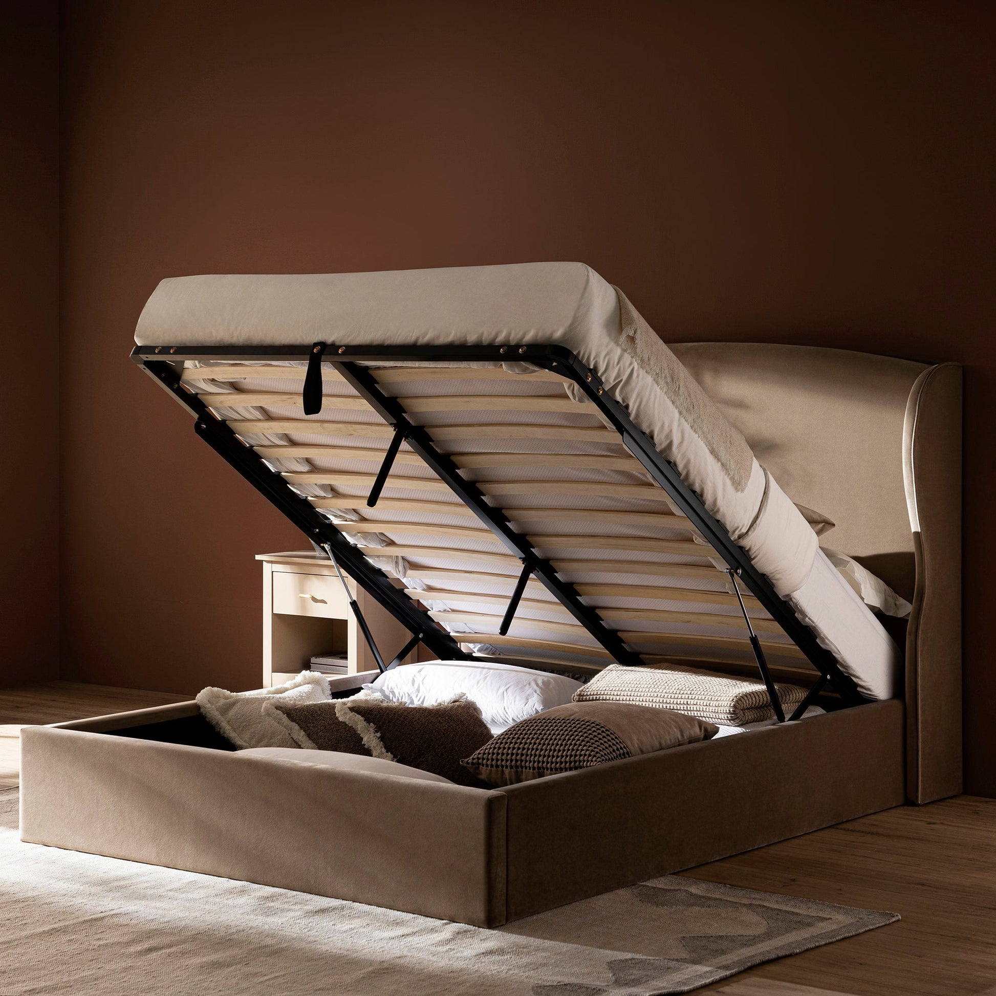 Kimberly Winged Upholstered Bed with Storage, Taupe Velvet