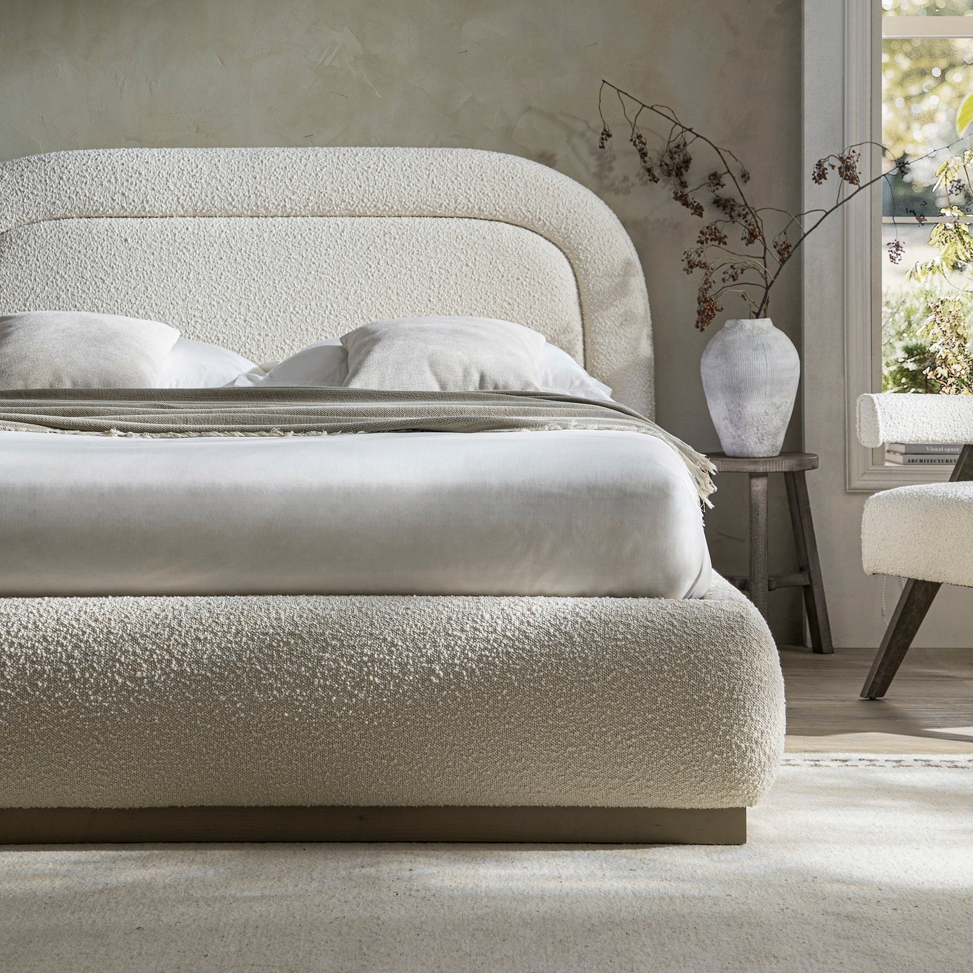 Luella Upholstered Wooden Plinth Base Bed with Storage, Ecru Boucle