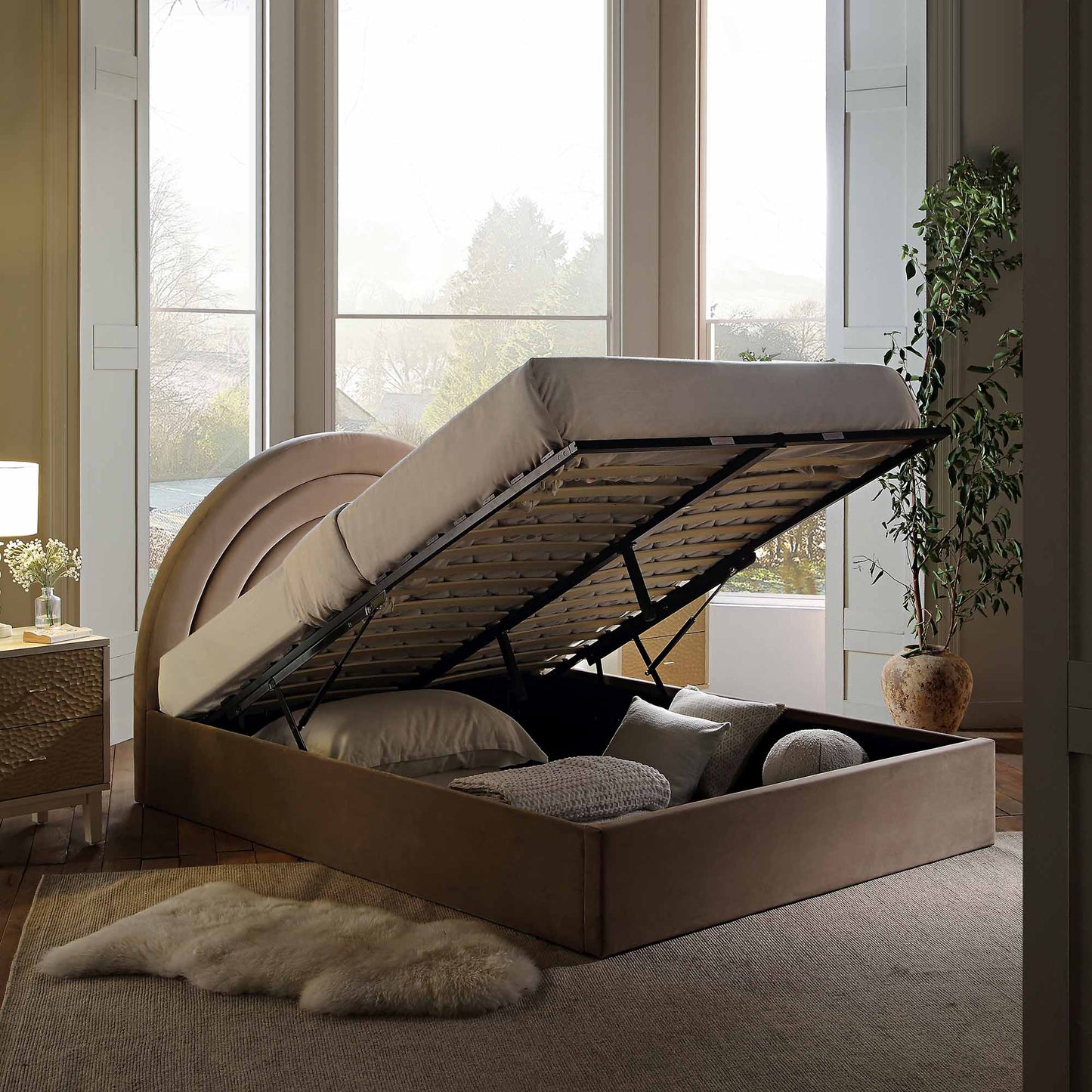 Archer Mink Velvet Ottoman Bed with Storage