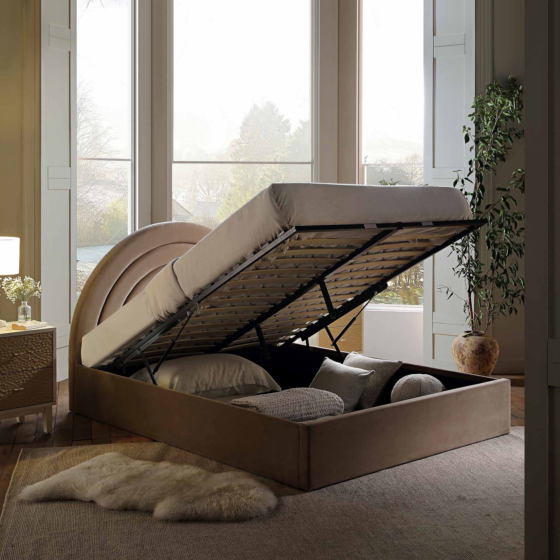 Archer Mink Velvet Ottoman Bed with Storage