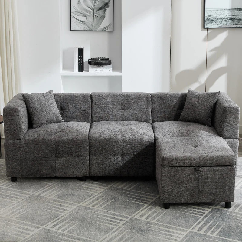Grey L-Shaped Sectional Sofa with Removable Storage Ottoman & 2 Pillows – Fabric Upholstered (204L x 68W x 69H cm)