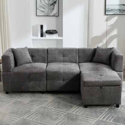 Grey L-Shaped Sectional Sofa with Removable Storage Ottoman & 2 Pillows – Fabric Upholstered (204L x 68W x 69H cm)