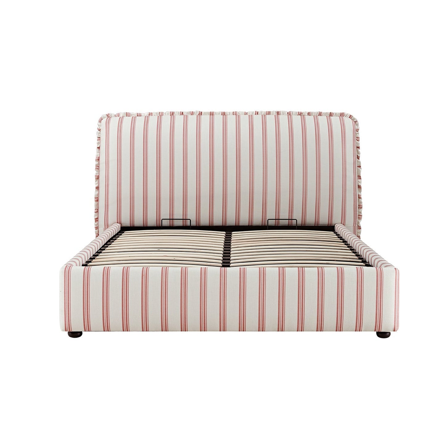 Celeste Upholstered Bed with Storage with Ruffled Headboard, Peony Red Stripe