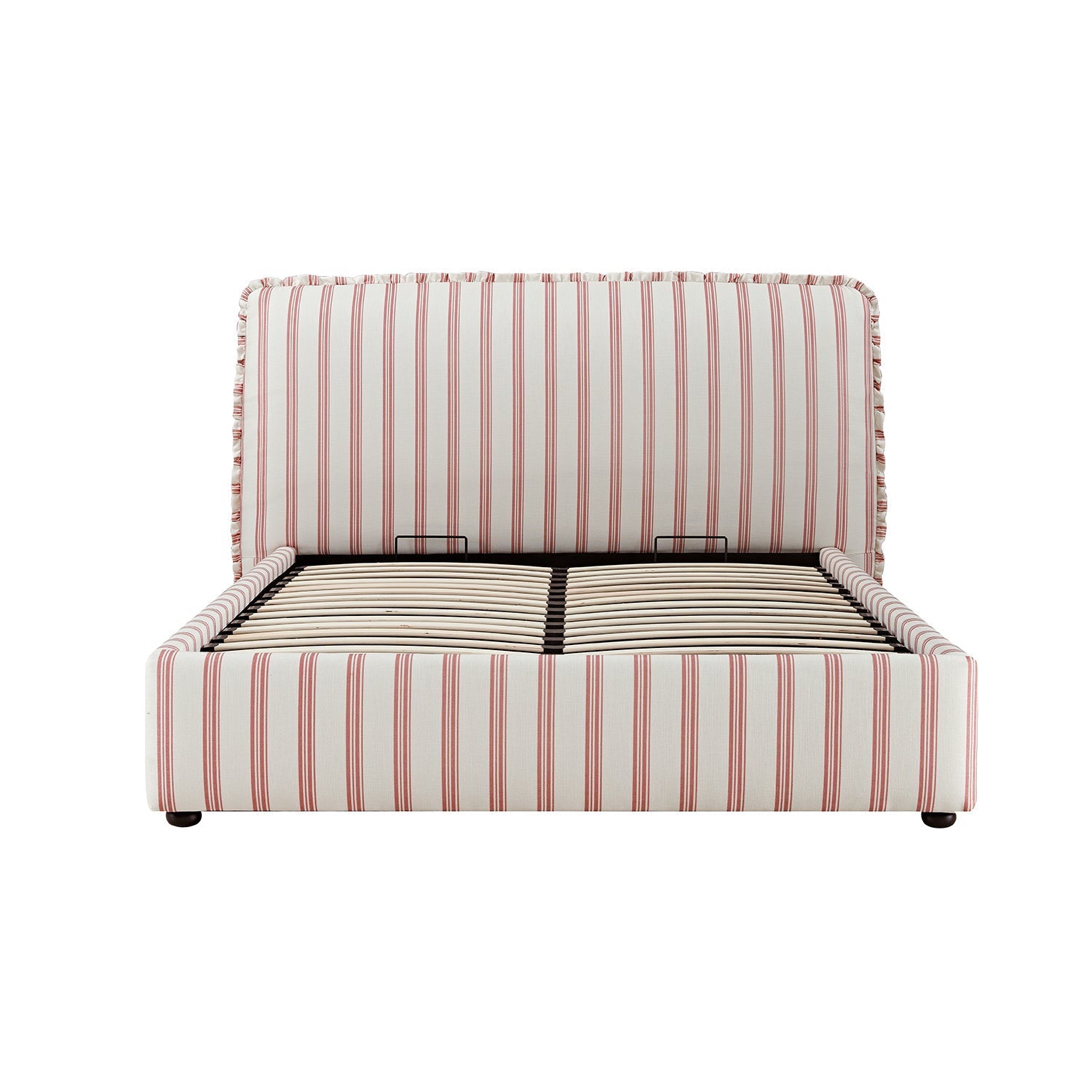 Celeste Upholstered Bed with Storage with Ruffled Headboard, Peony Red Stripe