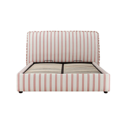 Celeste Upholstered Bed with Storage with Ruffled Headboard, Peony Red Stripe