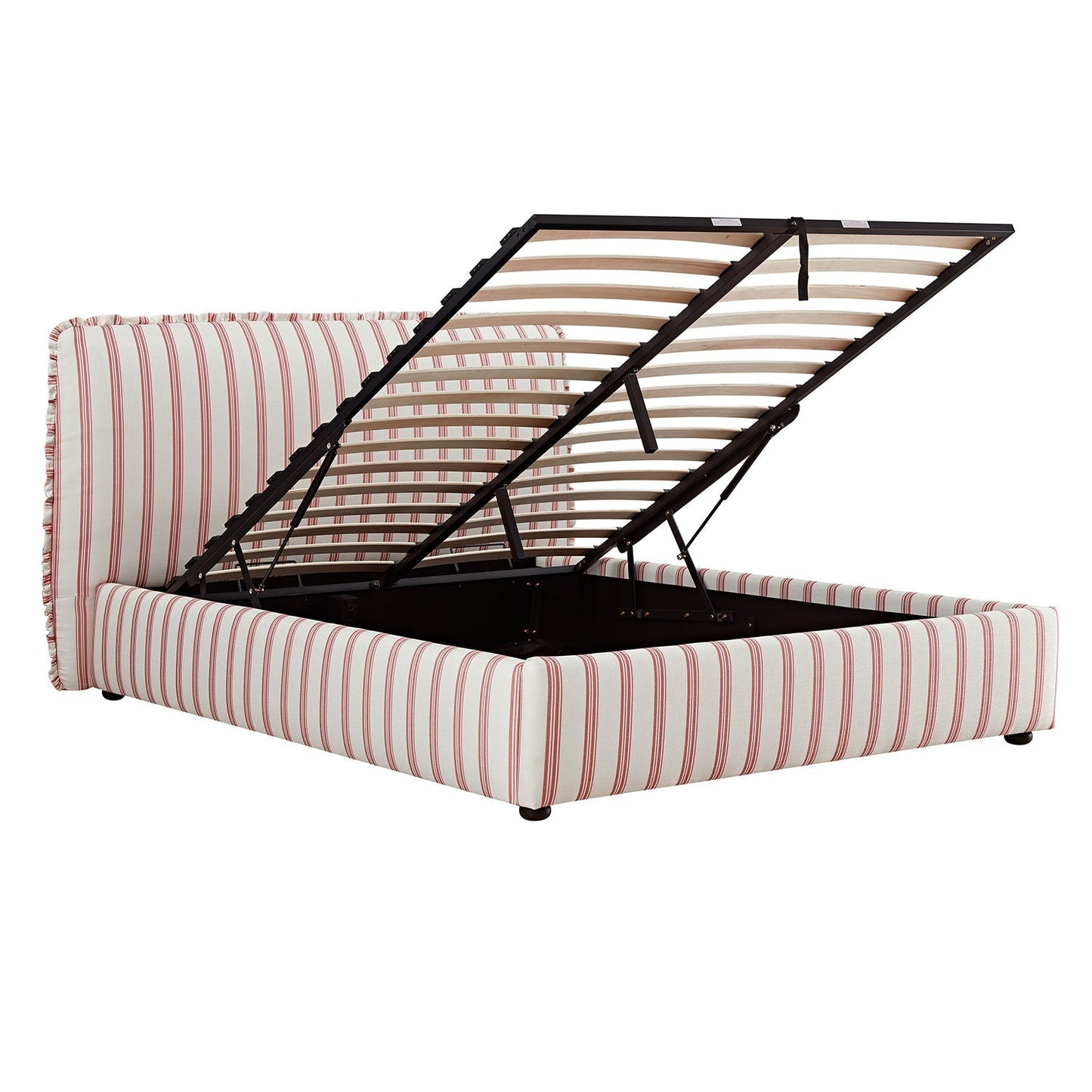 Celeste Upholstered Bed with Storage with Ruffled Headboard, Peony Red Stripe