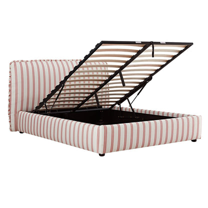 Celeste Upholstered Bed with Storage with Ruffled Headboard, Peony Red Stripe