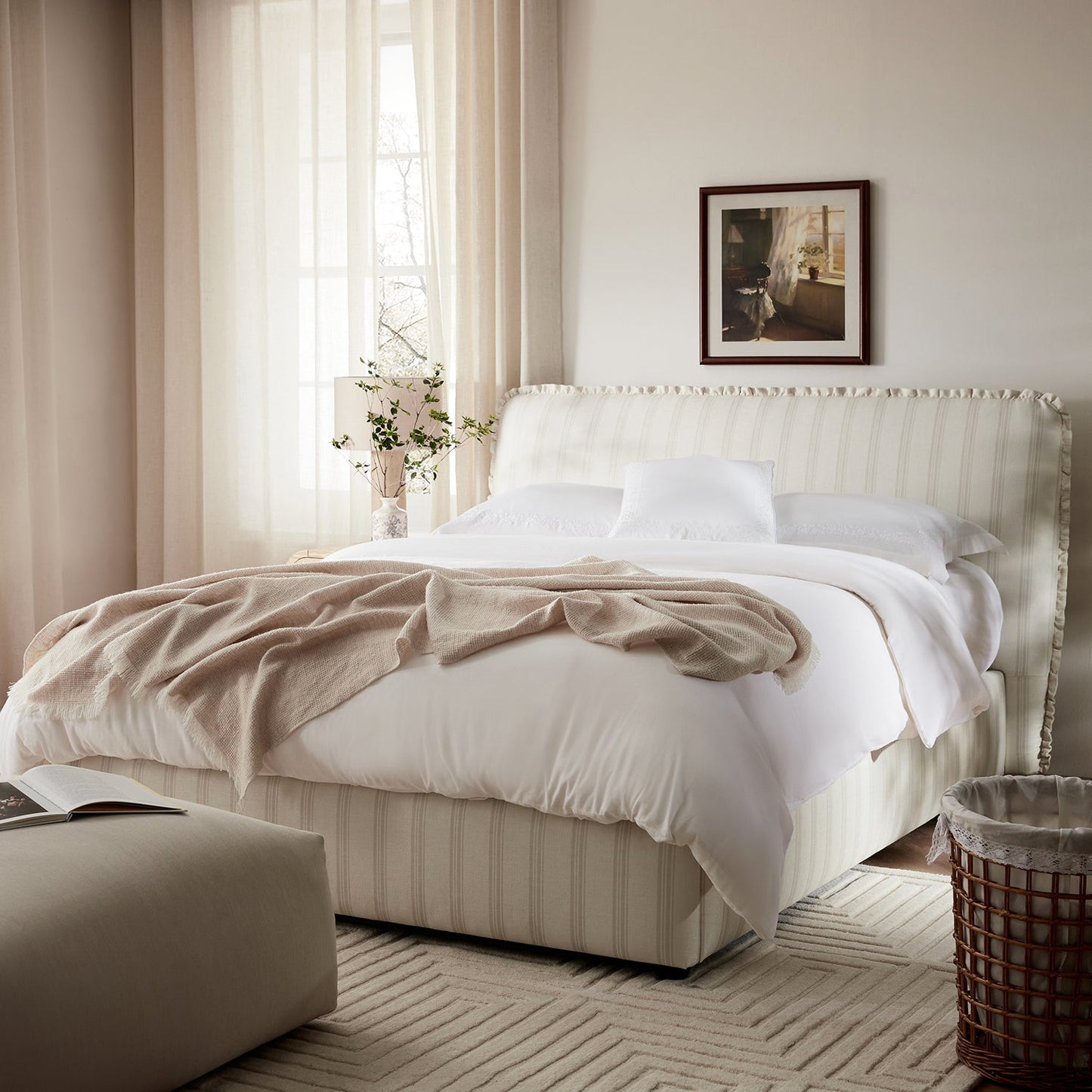 Celeste Upholstered Bed with Storage with Ruffled Headboard, Seashell Stripe