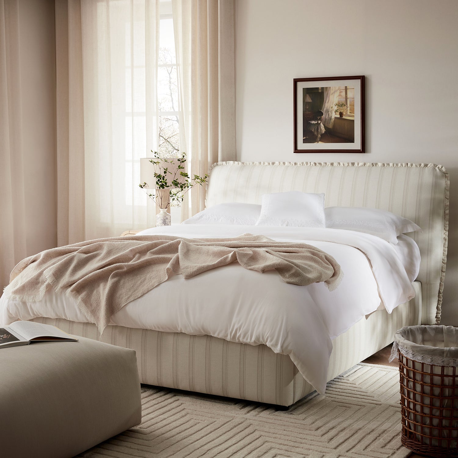 Celeste Upholstered Bed with Storage with Ruffled Headboard, Seashell Stripe