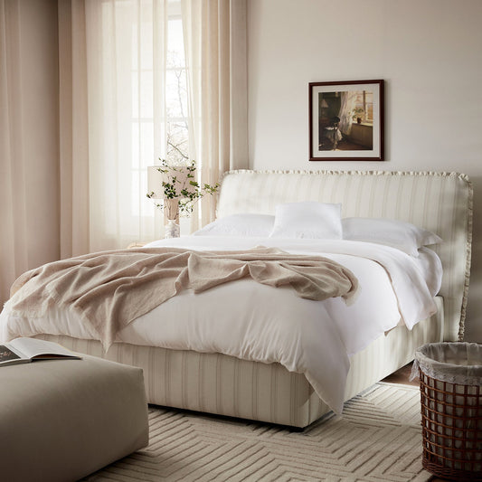 Celeste Upholstered Bed with Storage with Ruffled Headboard, Seashell Stripe
