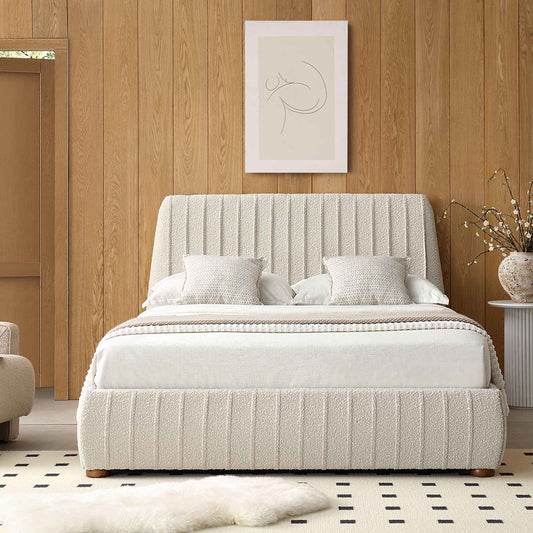 Helia Pleated Ottoman Bed with Storage, Beige Boucle