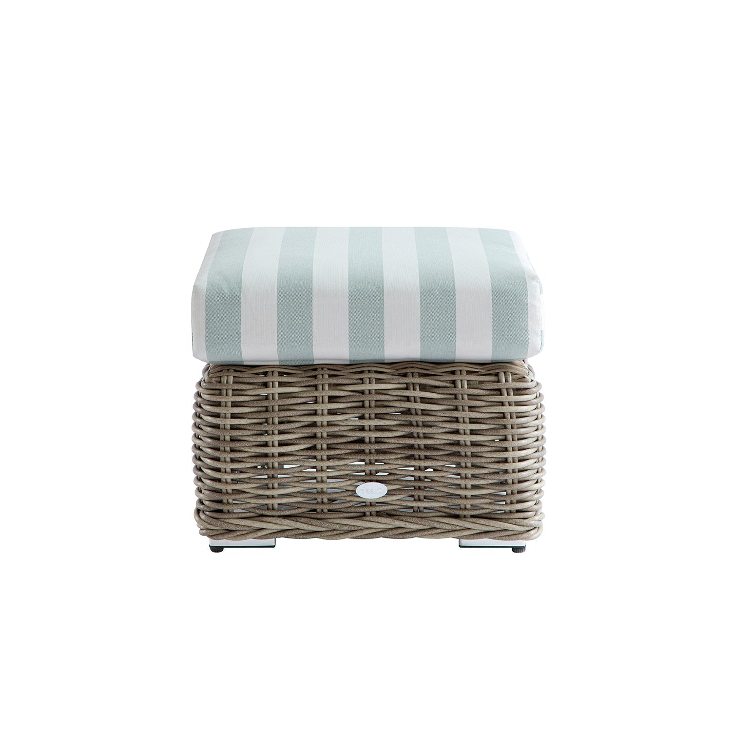 Bellagio Round Wicker Outdoor Footstool, Natural with Sage Stripes