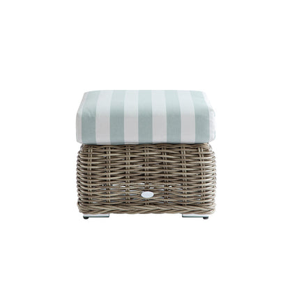 Bellagio Round Wicker Outdoor Footstool, Natural with Sage Stripes