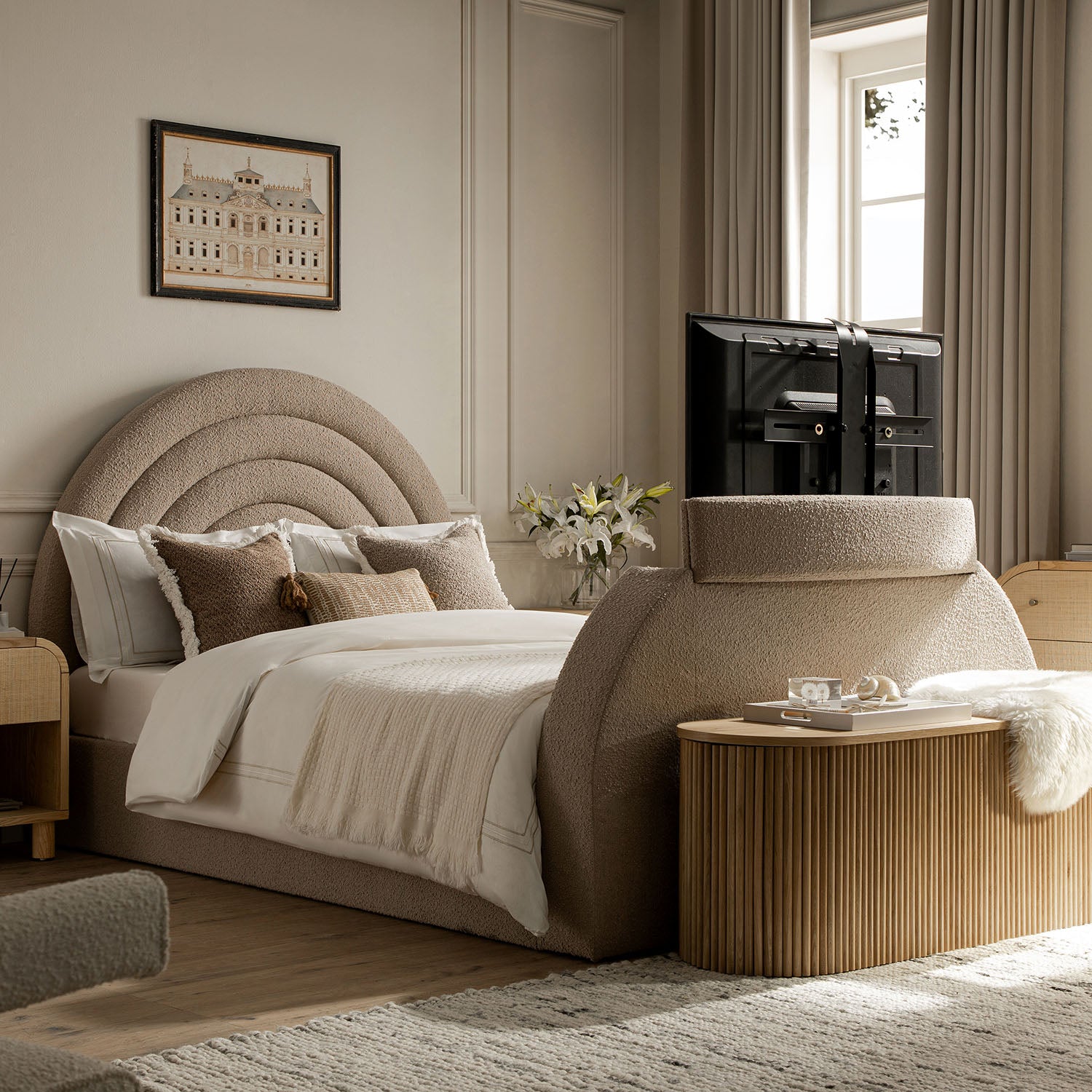 Archer Taupe Boucle TV Bed with Ottoman Storage